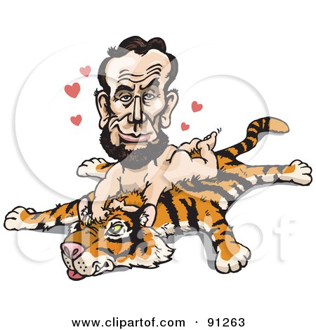Royalty-Free (RF) Clipart Illustration of A Man, President Abe Lincoln Laying Nude On A Tiger Rug by Dennis Holmes Designs