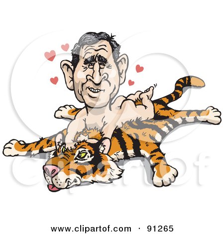 Royalty-Free (RF) Clipart Illustration of A Man, President George W Bush Laying Nude On A Tiger Rug by Dennis Holmes Designs
