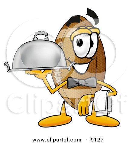 Clipart Picture of a Football Mascot Cartoon Character Dressed as a Waiter and Holding a Serving Platter by Mascot Junction