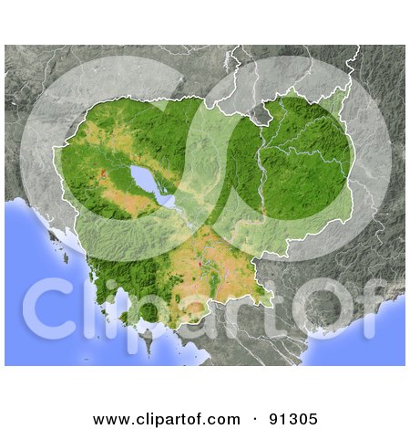 Royalty-Free (RF) Clipart Illustration of a Shaded Relief Map Of Cambodia by Michael Schmeling