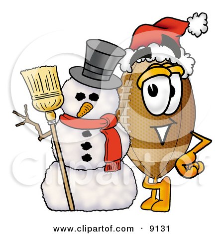 Clipart Picture of a Football Mascot Cartoon Character With a Snowman on Christmas by Mascot Junction