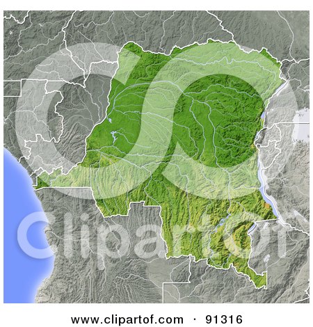 Royalty-Free (RF) Clipart Illustration of a Shaded Relief Map Of Congo, Democratic Republic by Michael Schmeling