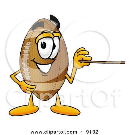 Clipart Picture of a Football Mascot Cartoon Character Holding a Pointer Stick by Mascot Junction