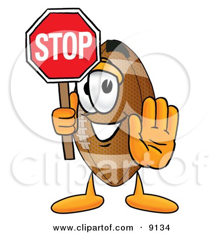Clipart Picture of a Football Mascot Cartoon Character Holding a Stop Sign by Mascot Junction