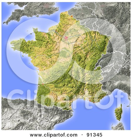 Royalty-Free (RF) Clipart Illustration of a Shaded Relief Map Of France by Michael Schmeling