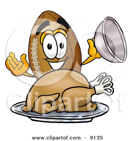 Clipart Picture of a Football Mascot Cartoon Character Serving a Thanksgiving Turkey on a Platter by Mascot Junction