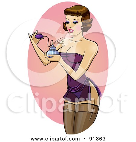 Royalty-Free (RF) Clipart Illustration of a Sexy Pinup Woman In A Purple Slip, Spritzing On Perfume by r formidable