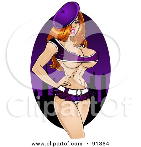 Royalty-Free (RF) Clipart Illustration of a Sexy Pinup Woman In Purple, Wearing A Hat And Standing With Her Hands On Her Hips by r formidable
