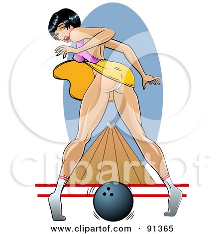 Royalty-Free (RF) Clipart Illustration of a Sexy Pinup Woman Dropping Her Bowling Ball And Looking Back, Her Dress Blowing Up by r formidable