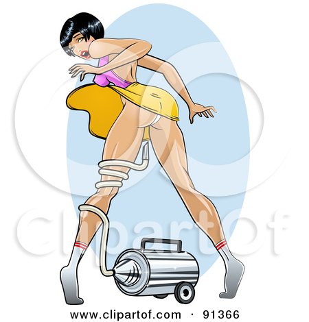 Royalty-Free (RF) Clipart Illustration of a Sexy Pinup Woman Tangled In A Vacuum Hose That Is Blowing Up Her Dress by r formidable