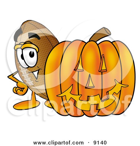 Clipart Picture of a Football Mascot Cartoon Character With a Carved Halloween Pumpkin by Mascot Junction