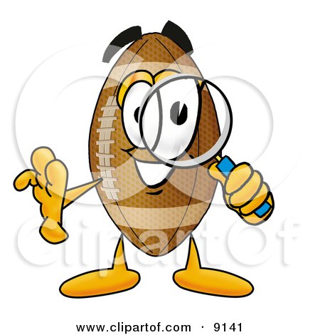 Clipart Picture of a Football Mascot Cartoon Character Looking Through a Magnifying Glass by Mascot Junction