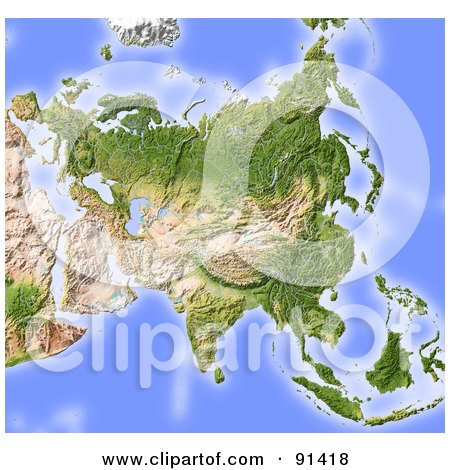 Royalty-Free (RF) Clipart Illustration of a Shaded Relief Map Of Asia, Without Borders by Michael Schmeling