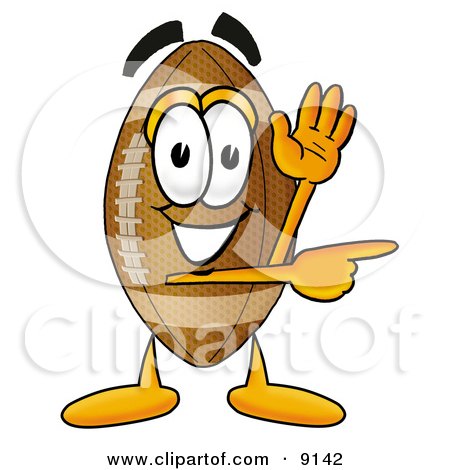 Clipart Picture of a Football Mascot Cartoon Character Waving and Pointing by Mascot Junction