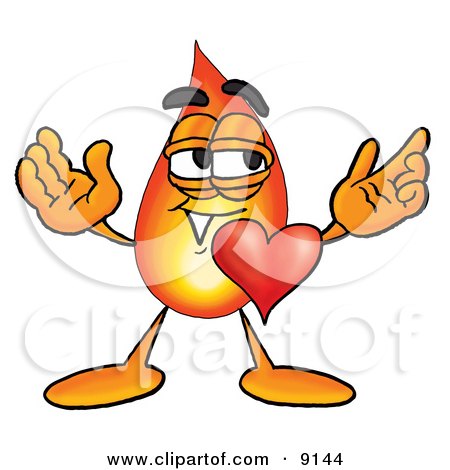 Clipart Picture of a Flame Mascot Cartoon Character With His Heart Beating Out of His Chest by Mascot Junction