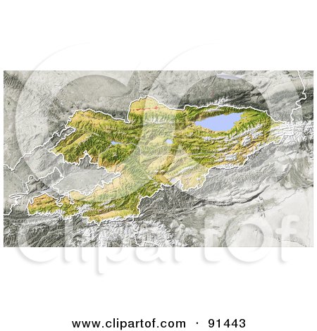 Royalty-Free (RF) Clipart Illustration of a Shaded Relief Map Of Kyrgyzstan, Kyrgyz, Kirgistan by Michael Schmeling