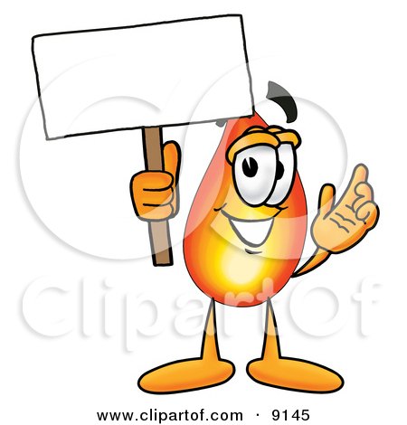 Clipart Picture of a Flame Mascot Cartoon Character Holding a Blank Sign by Mascot Junction