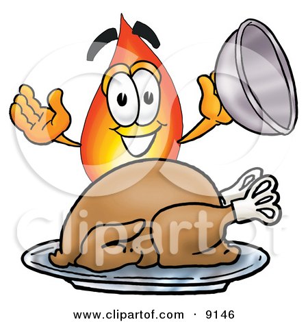 Clipart Picture of a Flame Mascot Cartoon Character Serving a Thanksgiving Turkey on a Platter by Mascot Junction