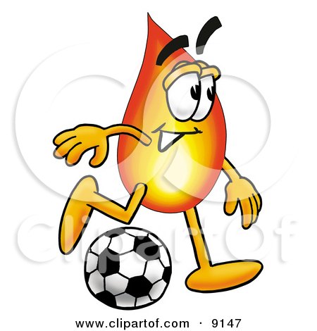 Clipart Picture of a Flame Mascot Cartoon Character Kicking a Soccer Ball by Mascot Junction