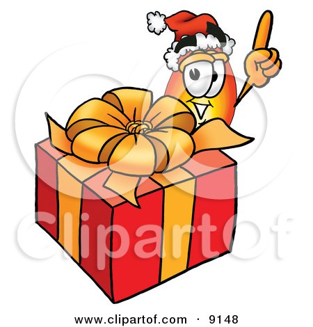 Clipart Picture of a Flame Mascot Cartoon Character Standing by a Christmas Present by Mascot Junction