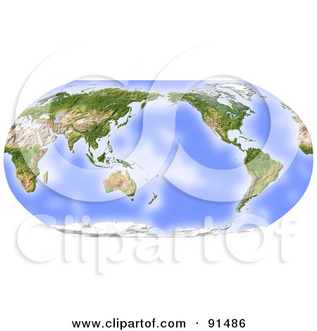 Royalty-Free (RF) Clipart Illustration of a World Map, Shaded Relief In Robinson Projection, Centered On The Pacific by Michael Schmeling