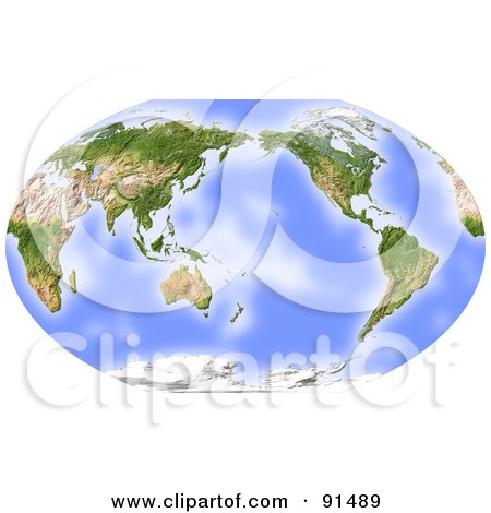 Royalty-Free (RF) Clipart Illustration of a World Map, Shaded Relief, Centered On The Pacific by Michael Schmeling