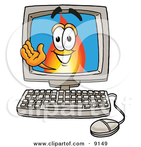 Clipart Picture of a Flame Mascot Cartoon Character Waving From Inside a Computer Screen by Mascot Junction