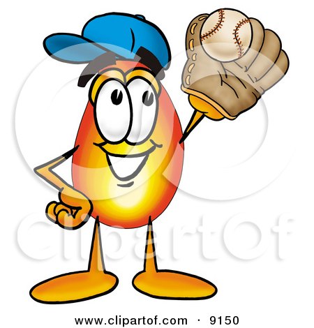 Clipart Picture of a Flame Mascot Cartoon Character Catching a Baseball With a Glove by Mascot Junction