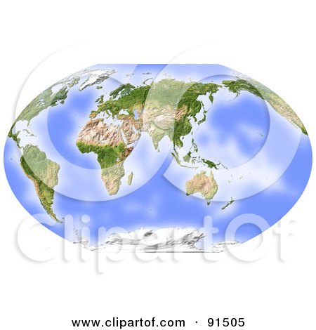 Royalty-Free (RF) Clipart Illustration of a World Map, Shaded Relief, Centered On India by Michael Schmeling