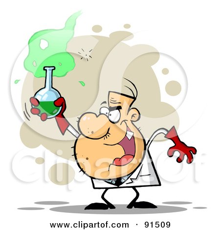 Royalty-Free (RF) Clipart Illustration of a Mad Scientist Grinning And Holding A Green Potion In A Laboratory Flask by Hit Toon