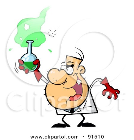 Royalty-Free (RF) Clipart Illustration of a Mad Scientist Man Grinning And Holding A Green Laboratory Flask by Hit Toon