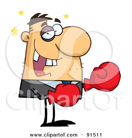 Royalty-Free (RF) Clipart Illustration of a Caucasian Boxer Businessman With A Black Eye And Missing Teeth by Hit Toon