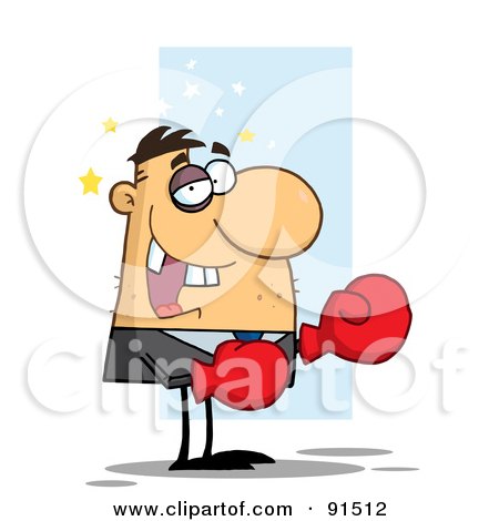 Royalty-Free (RF) Clipart Illustration of a Caucasian Boxer Businessman Seeing Stars, With A Black Eye And Missing Teeth by Hit Toon