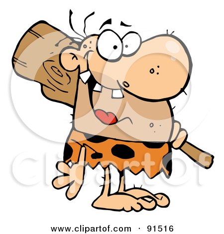 Royalty-Free (RF) Clipart Illustration of a Toothy Caveman Grinning And Carrying A Club Over His Shoulder by Hit Toon