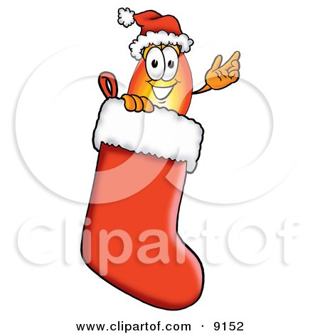 Clipart Picture of a Flame Mascot Cartoon Character Wearing a Santa Hat Inside a Red Christmas Stocking by Mascot Junction