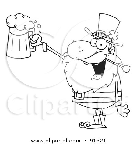 Royalty-Free (RF) Clipart Illustration of an Outlined Leprechaun Toasting And Holding Up Beer by Hit Toon