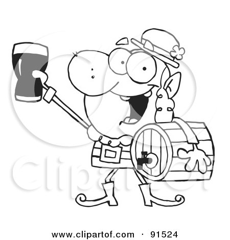 Royalty-Free (RF) Clipart Illustration of an Outlined Leprechaun Carrying A Beer Keg And Holding Up A Glass by Hit Toon