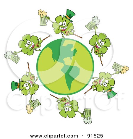 Royalty-Free (RF) Clipart Illustration of a Circle Of Shamrocks Running Around A Globe With Green And Yellow Beer by Hit Toon