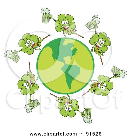 Royalty-Free (RF) Clipart Illustration of a Circle Of Shamrocks Running Around A Globe With Green Beer by Hit Toon