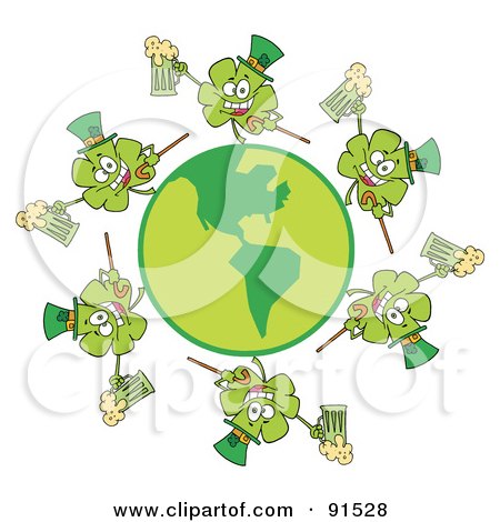 Royalty-Free (RF) Clipart Illustration of a Circle Of Shamrocks Running Around A Globe With Beer by Hit Toon