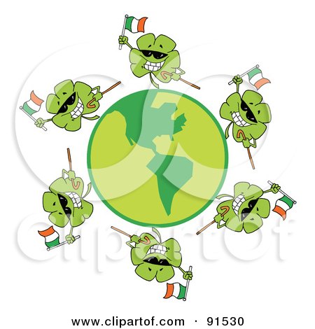 Royalty-Free (RF) Clipart Illustration of a Circle Of Shamrocks Running Around A Globe With Irish Flags, Shades And Canes by Hit Toon