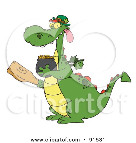 Royalty-Free (RF) Clipart Illustration of a Dragon Leprechaun Holding A Mace And Pot Of Gold by Hit Toon