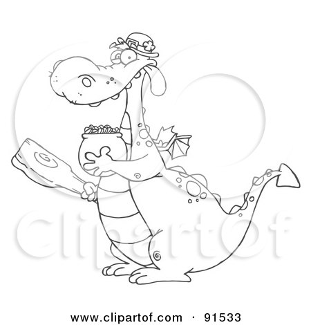 Royalty-Free (RF) Clipart Illustration of an Outlined Dragon Leprechaun Holding A Mace And Pot Of Gold by Hit Toon