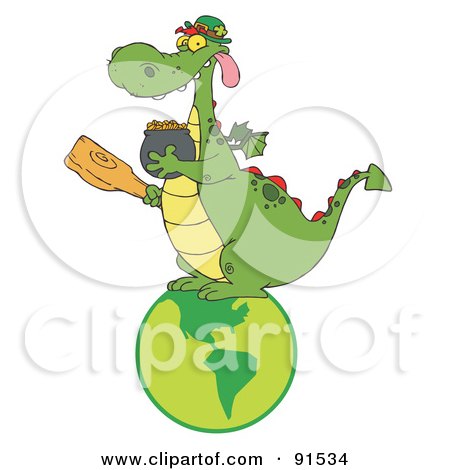 Royalty-Free (RF) Clipart Illustration of a Dragon Leprechaun On A Globe, Holding A Mace And Pot Of Gold by Hit Toon