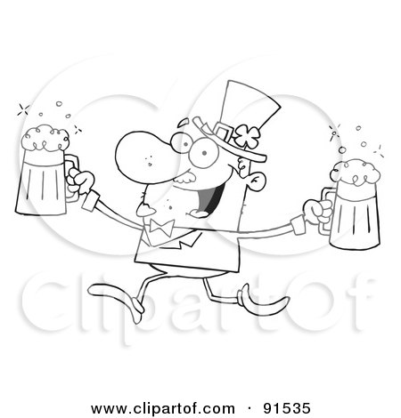 Royalty-Free (RF) Clipart Illustration of an Outlined Male Leprechaun Running With Beers by Hit Toon