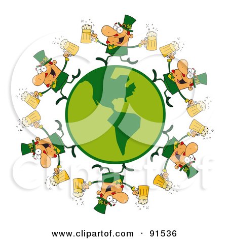 Royalty-Free (RF) Clipart Illustration of a Circle Of Male Leprechauns Running Around A Globe With Beer by Hit Toon