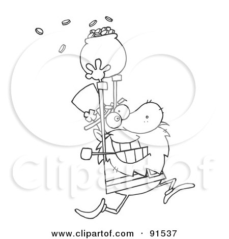 Royalty-Free (RF) Clipart Illustration of an Outlined Greedy Leprechaun Running With A Pot Of Gold Over His Head by Hit Toon
