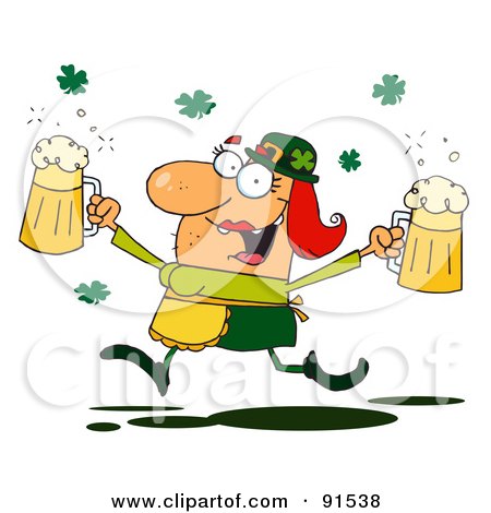 Royalty-Free (RF) Clipart Illustration of a Female Leprechaun Running Through Clovers With Beers by Hit Toon