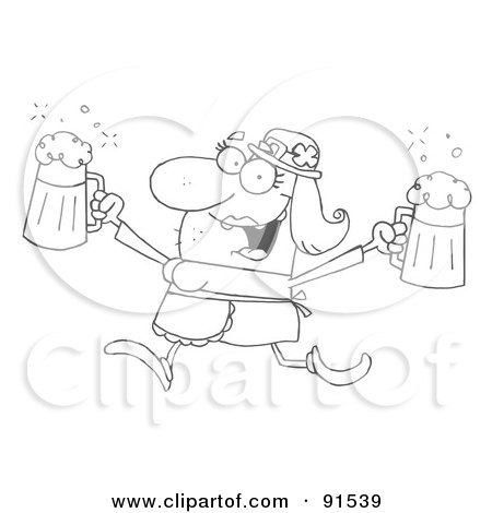 Royalty-Free (RF) Clipart Illustration of an Outlined Female Leprechaun Running With Beers by Hit Toon