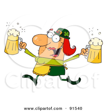 Royalty-Free (RF) Clipart Illustration of a Female Leprechaun Running With Beers by Hit Toon